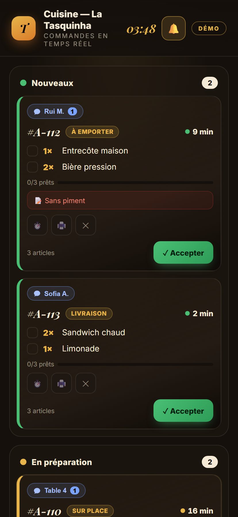 Écran cuisine KDS en temps réel